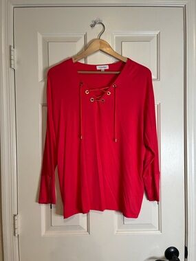 Calvin Klein Bright Red Lace-Up V-Neck Long Sleeve Top